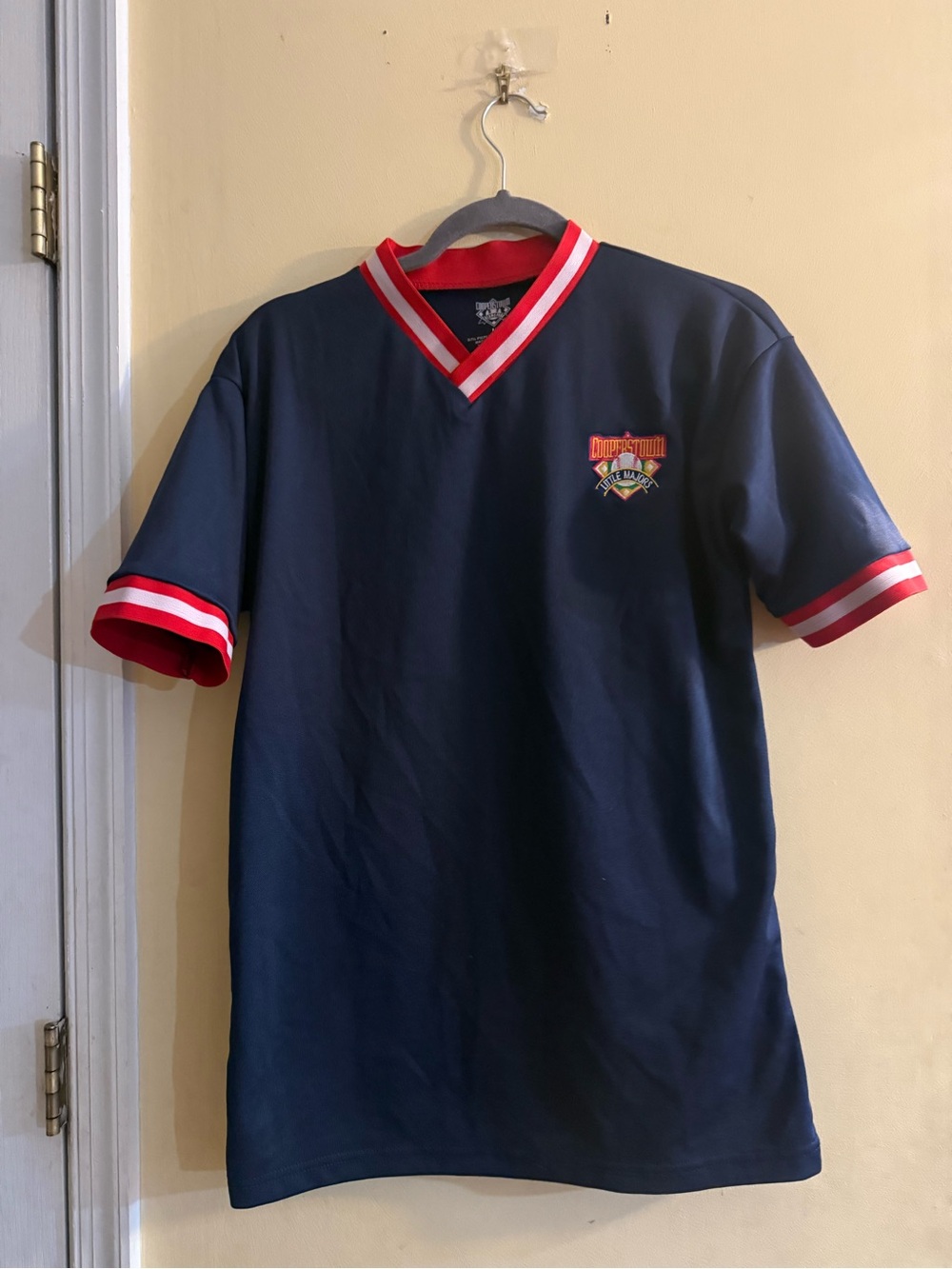 Cooperstown Jersey Men's Navy Short-Sleeve V-Neck Shirt with Red Trim, M